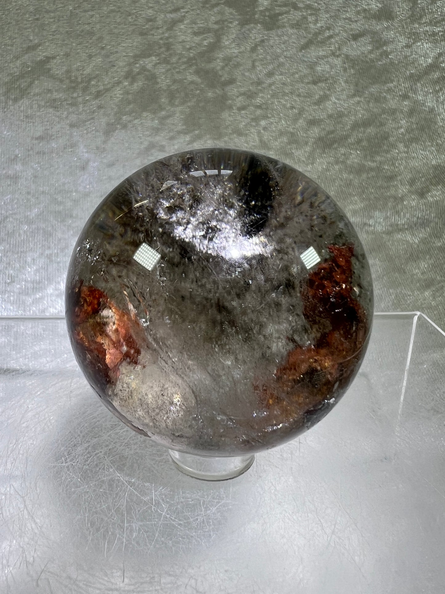 Garden Quartz Lodolite Sphere. 51mm. Stunning High Quality Orange And Green Landscape.