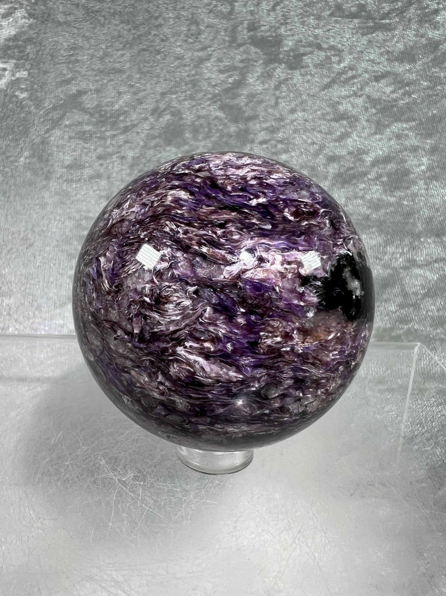 Charoite Crystal Sphere. Stunning Rare Crystal From Russia. Amazing Colors And A Beautiful UV Reaction.