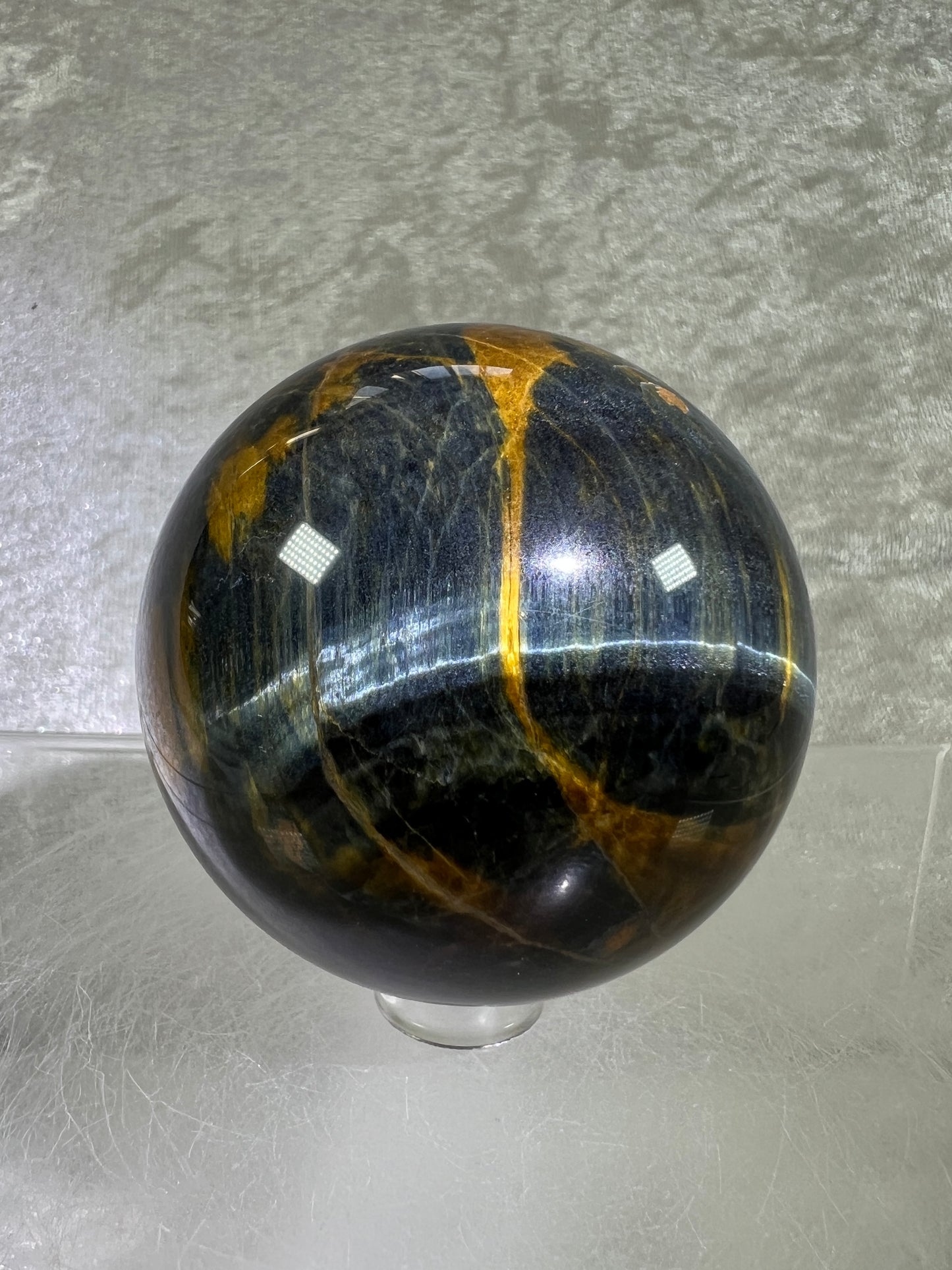 Blue Tigers Eye Sphere. Rare Blue And Gold Hawks Eye Crystal. Beautiful Colors And Flash