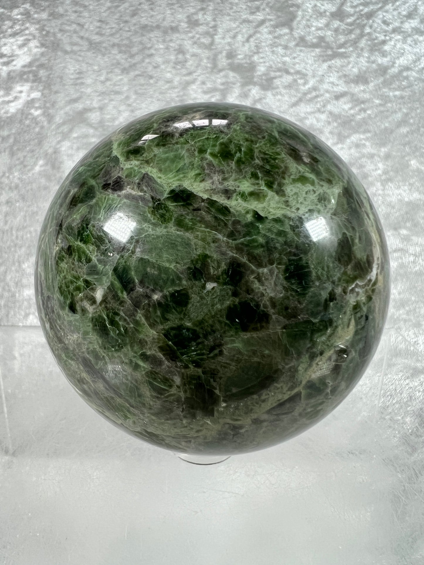 Diopside Crystal Sphere. 69mm. Very Rare And High Quality Display Sphere. Lots Of Beautiful Flash