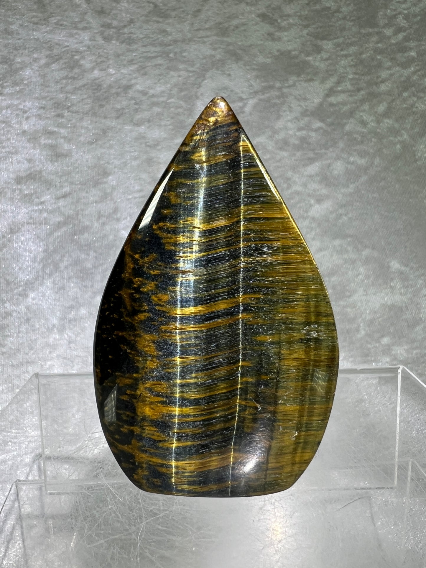 Blue Tigers Eye Crystal Flame. Gorgeous Hawks Eye Freeform Flame.