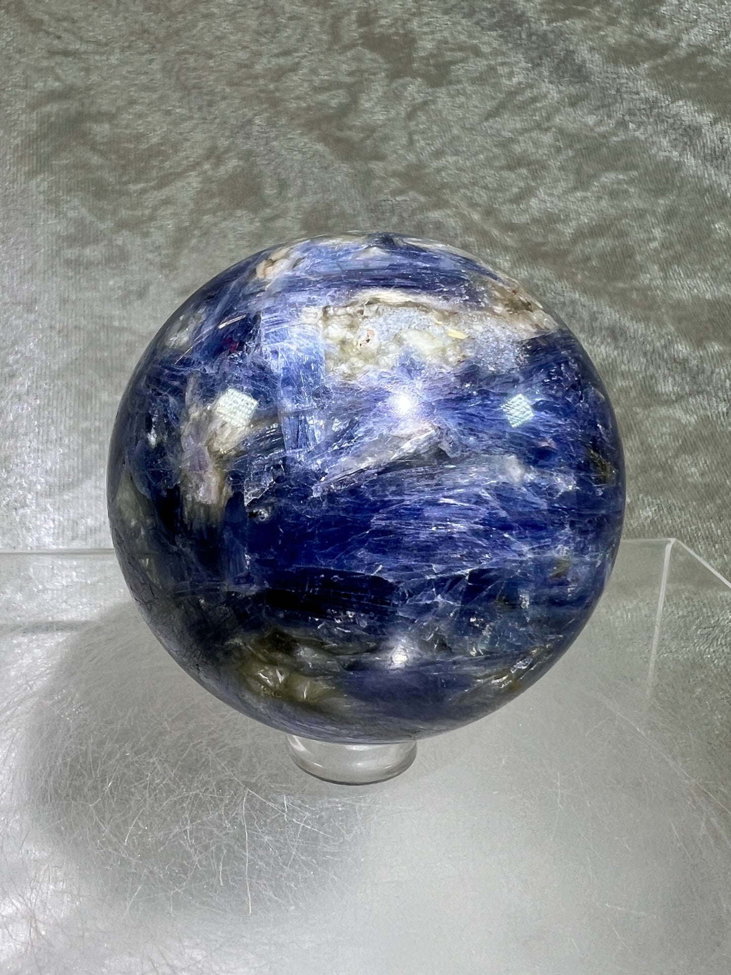 Kyanite Crystal Sphere. 58mm. Gorgeous Blue Kyanite Display Sphere. Interesting Crystal With Stunning Flash