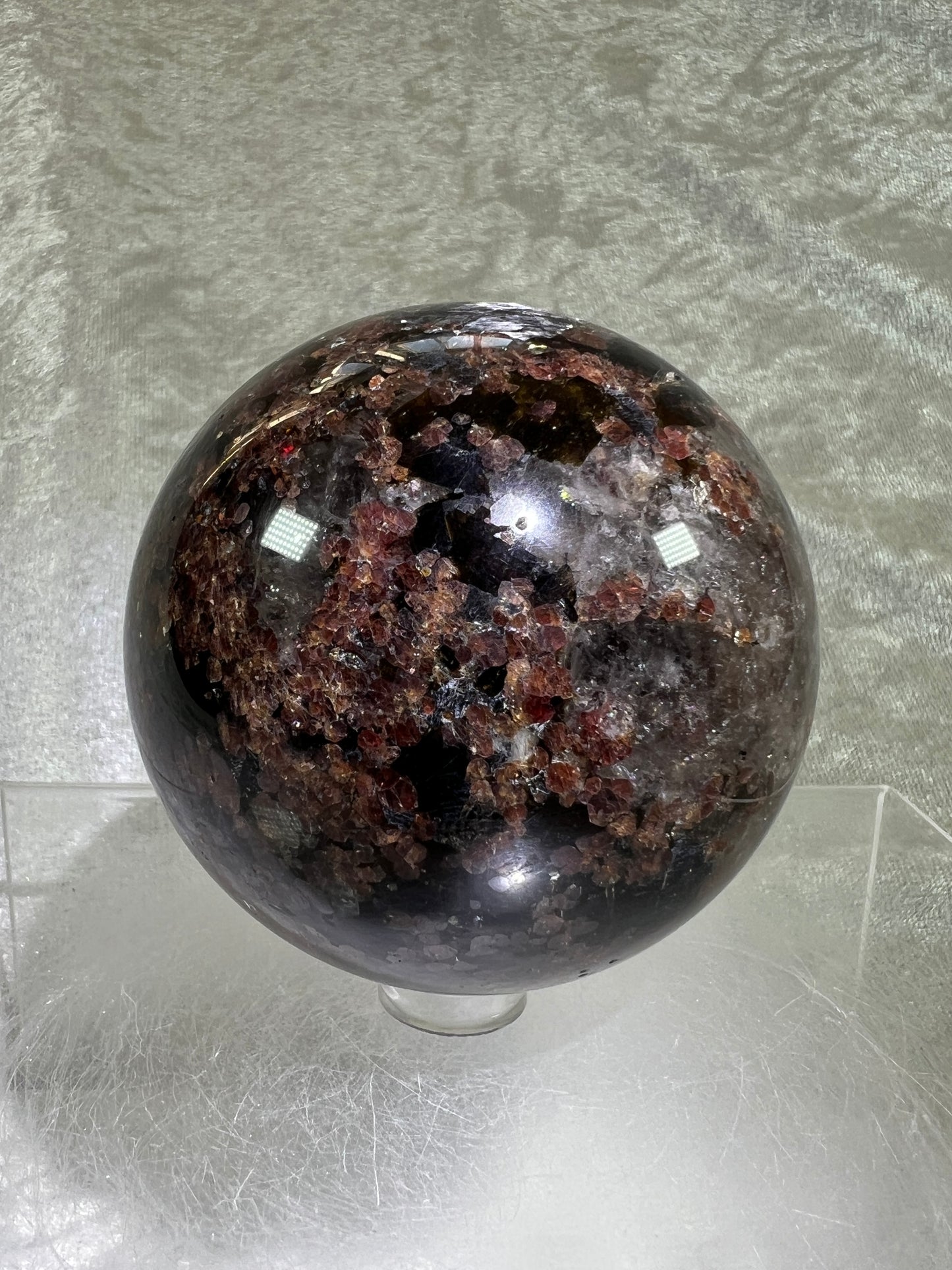 Garnet And Biotite Mica Sphere. 69mm. Stunning Garnet Display Sphere With Lots Of Mica Flash.