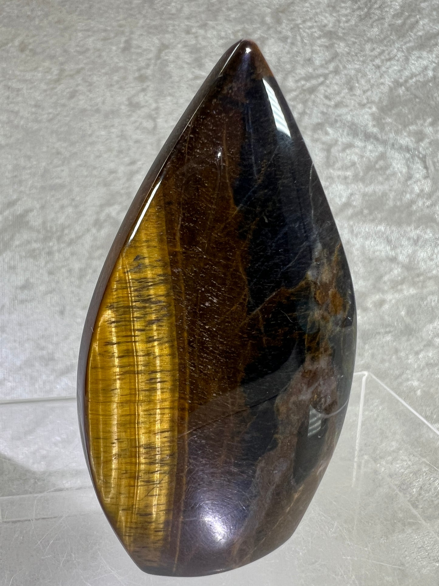 Blue Tigers Eye Crystal Flame. Gorgeous Hawks Eye Freeform Flame.