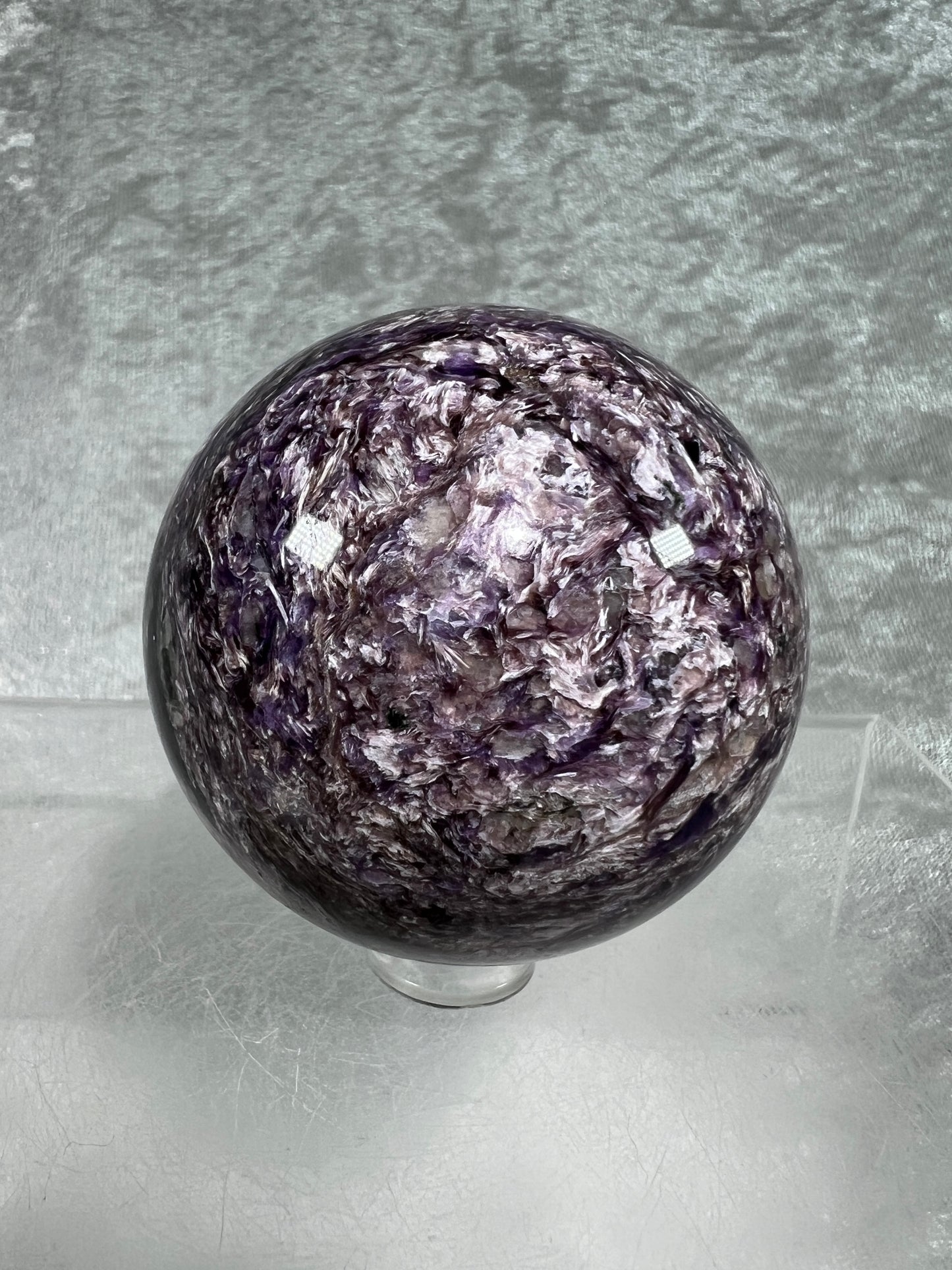 Charoite Crystal Sphere. Stunning Rare Crystal From Russia. Amazing Colors And A Beautiful UV Reaction.