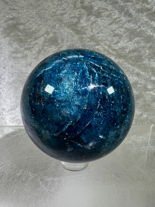 Blue Apatite Crystal Sphere. 58mm. Gorgeous Deep Blue With Lots Of Iridescent Flash. High Quality Display Sphere