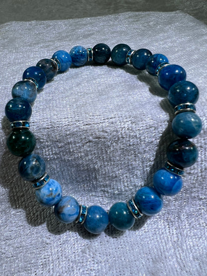 Blue Apatite Crystal Bead Bracelet. Stunning Blue Apatite Bracelet. 8mm. Flashy Blue Rhinestone Spacers.