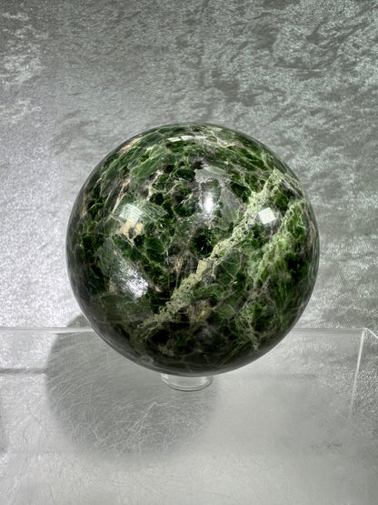 Diopside Crystal Sphere. 69mm. Very Rare And High Quality Display Sphere. Lots Of Beautiful Flash