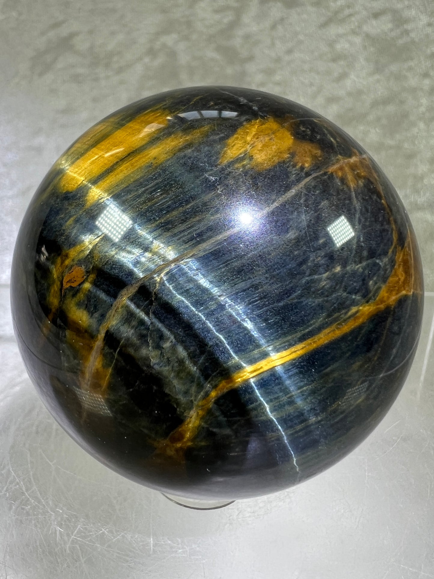 Blue Tigers Eye Sphere. Rare Blue And Gold Hawks Eye Crystal. Beautiful Colors And Flash