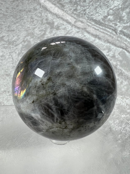 Labradorite Crystal Sphere. 66mm. Very Rare Rainbow Flash With Purple, Pink, Yellow, Orange, And Blue. Amazing Sphere!