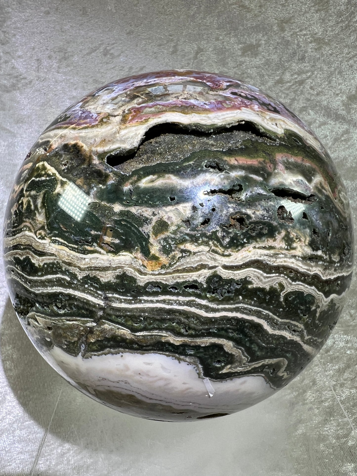 Ocean Jasper Sphere. XL Druzy Display Sphere. 147mm, 9.4 lbs. Gorgeous Colors With Stunning Druzy. Showstopper!