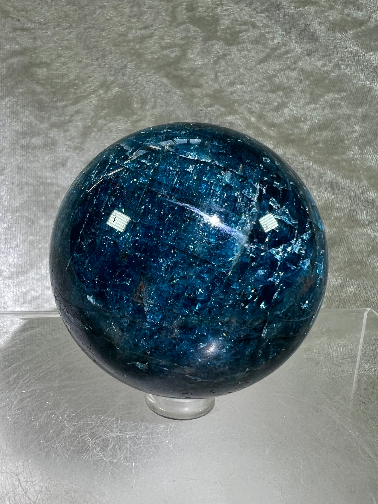 Blue Apatite Crystal Sphere. 58mm. Gorgeous Deep Blue With Lots Of Iridescent Flash. High Quality Display Sphere