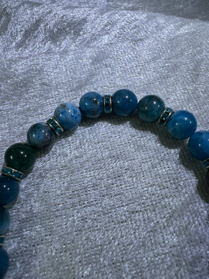 Blue Apatite Crystal Bead Bracelet. Stunning Blue Apatite Bracelet. 8mm. Flashy Blue Rhinestone Spacers.