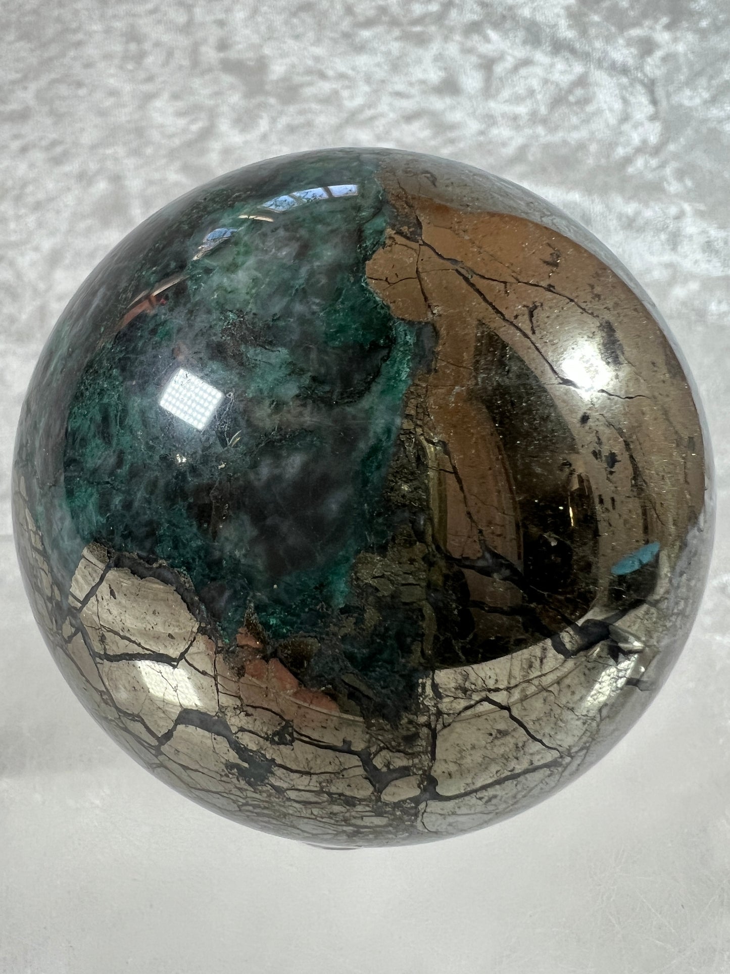 Atacamite And Pyrite Sphere. 64mm. High Quality Rare Sphere. Gorgeous Color Combination.