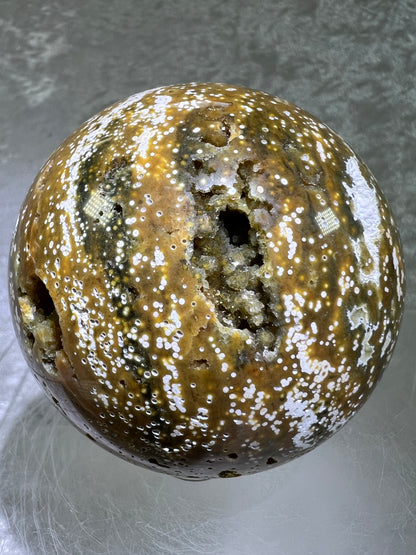 Ocean Jasper Sphere. 70mm. Gorgeous Green Sugar Druzy. Stunning Rare Display Sphere.