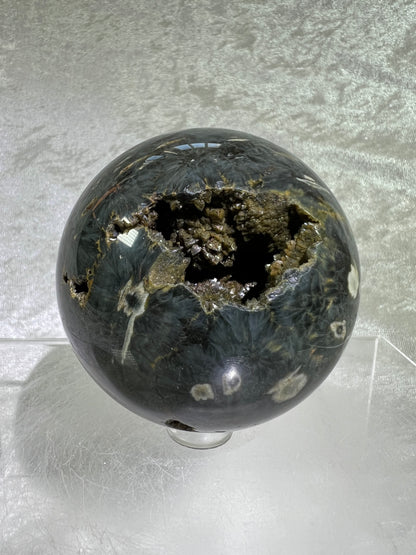 Ocean Jasper Sphere. 69mm. Crazy Green Druzy. Stunning And Unique Display Sphere.