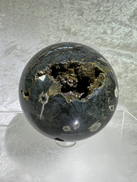 Ocean Jasper Sphere. 69mm. Crazy Green Druzy. Stunning And Unique Display Sphere.