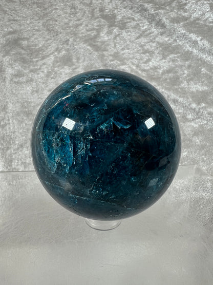 Blue Apatite Crystal Sphere. 58mm. Gorgeous Deep Blue With Lots Of Iridescent Flash. High Quality Display Sphere