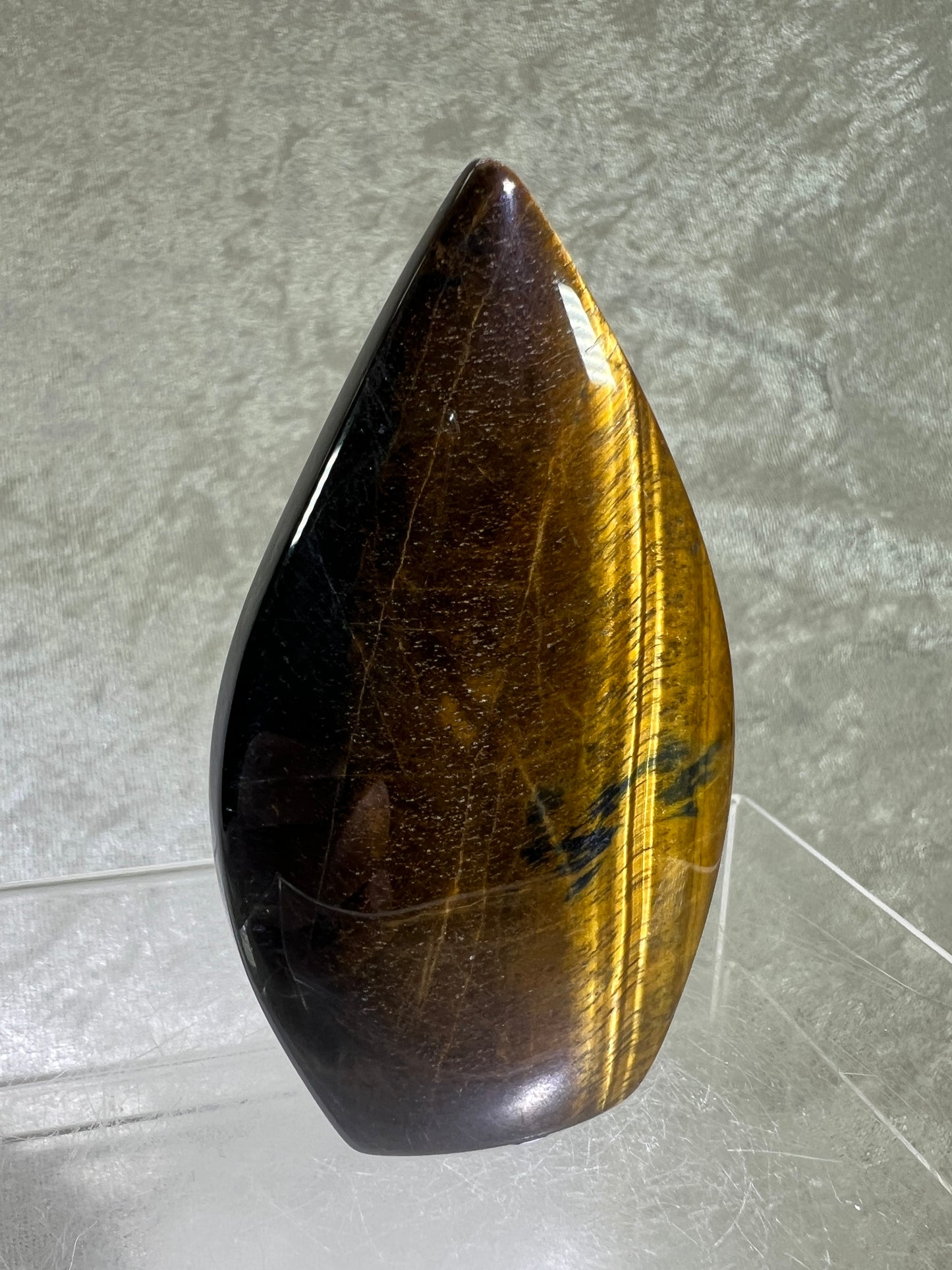 Blue Tigers Eye Crystal Flame. Gorgeous Hawks Eye Freeform Flame.