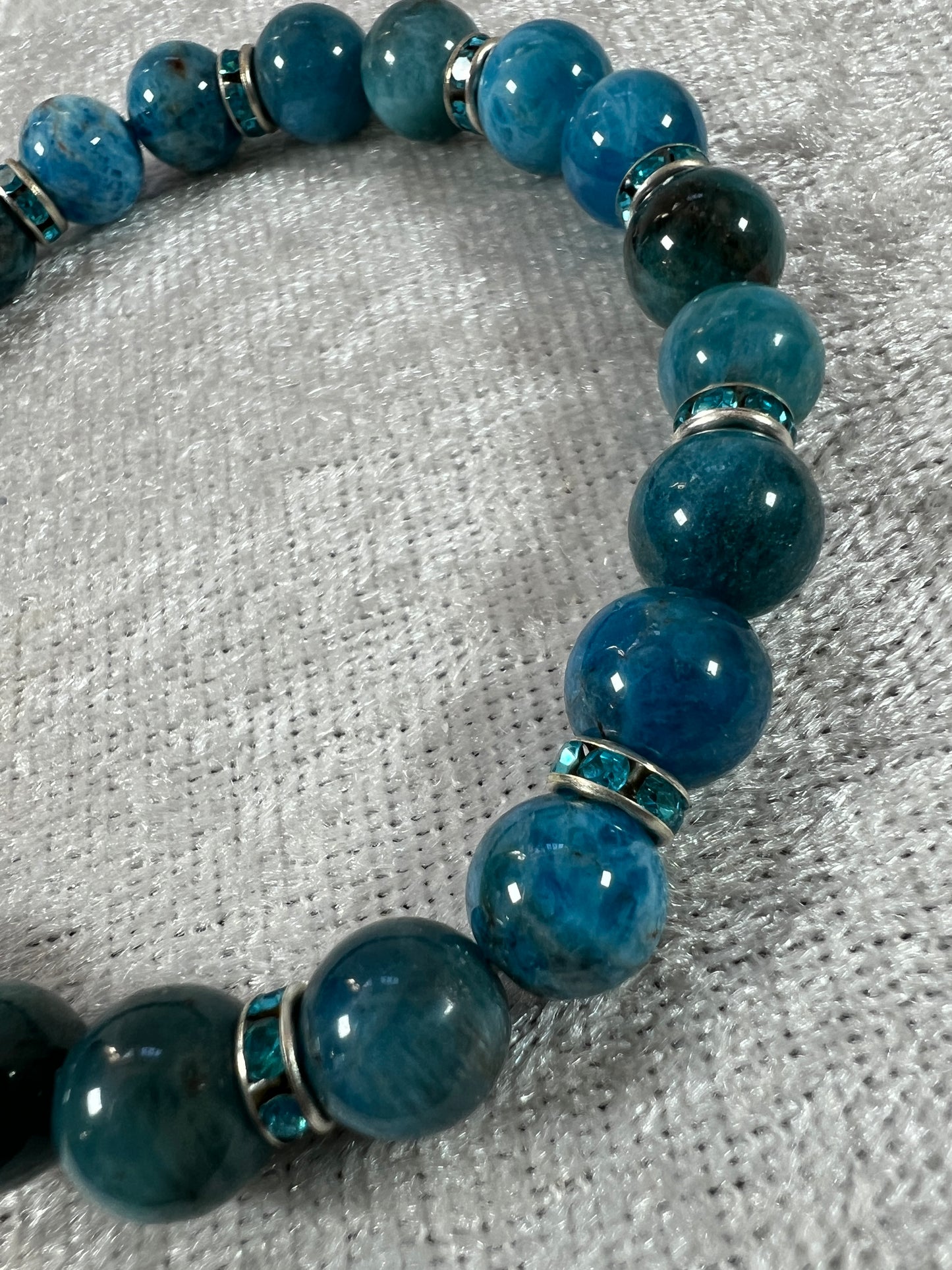 Blue Apatite Crystal Bead Bracelet. Stunning Blue Apatite Bracelet. 8mm. Flashy Blue Rhinestone Spacers.