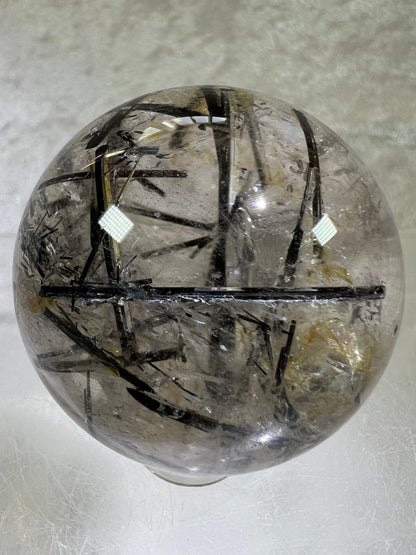 Black Tourmaline Quartz Sphere. Incredible Black Rutile Sphere. Tourmalinated Quartz Display Crystal