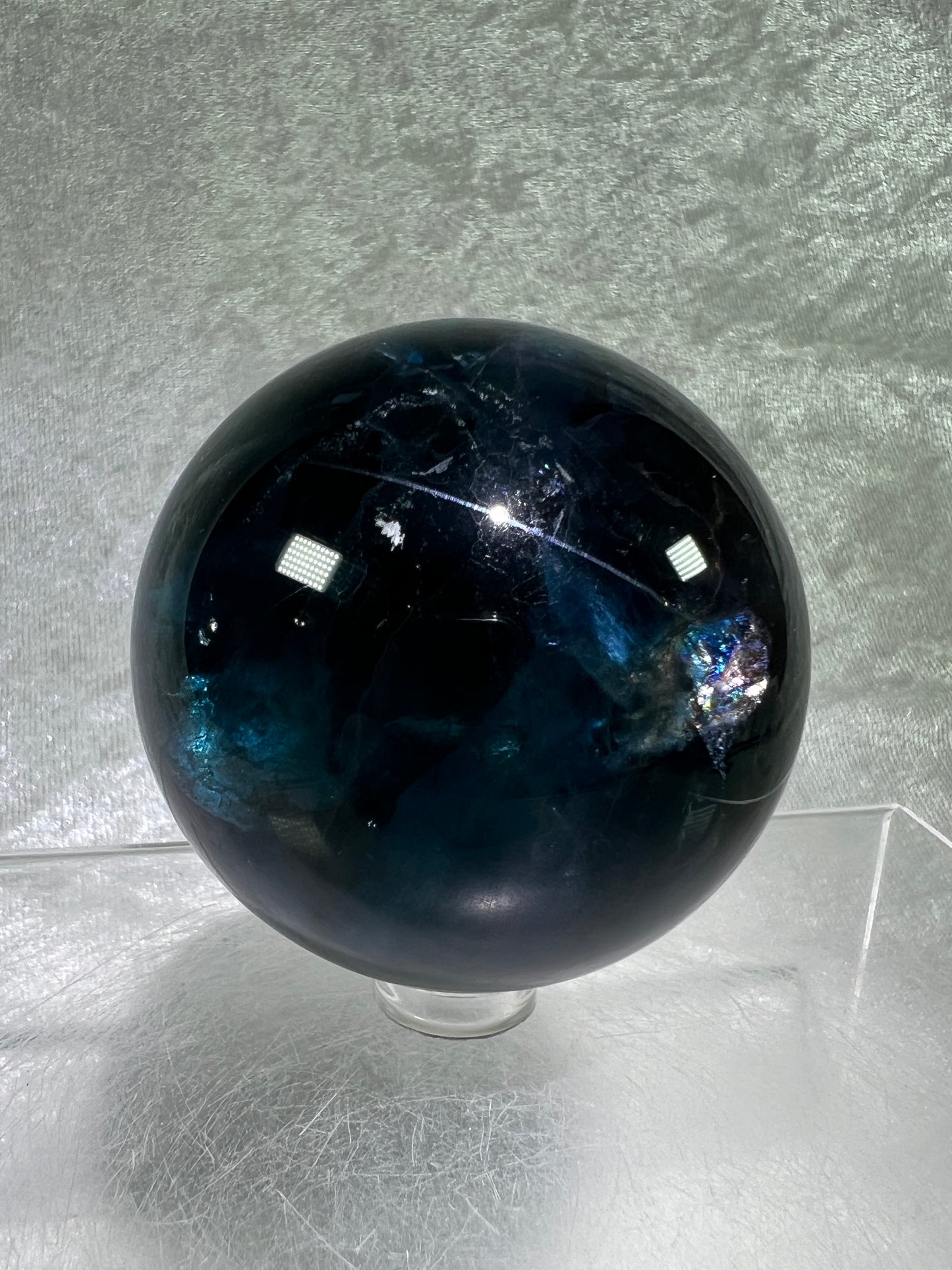 Blue Fluorite Sphere. 60mm. Gorgeous Rare Blue Fluorite. Beautiful Display Sphere With Rainbows.