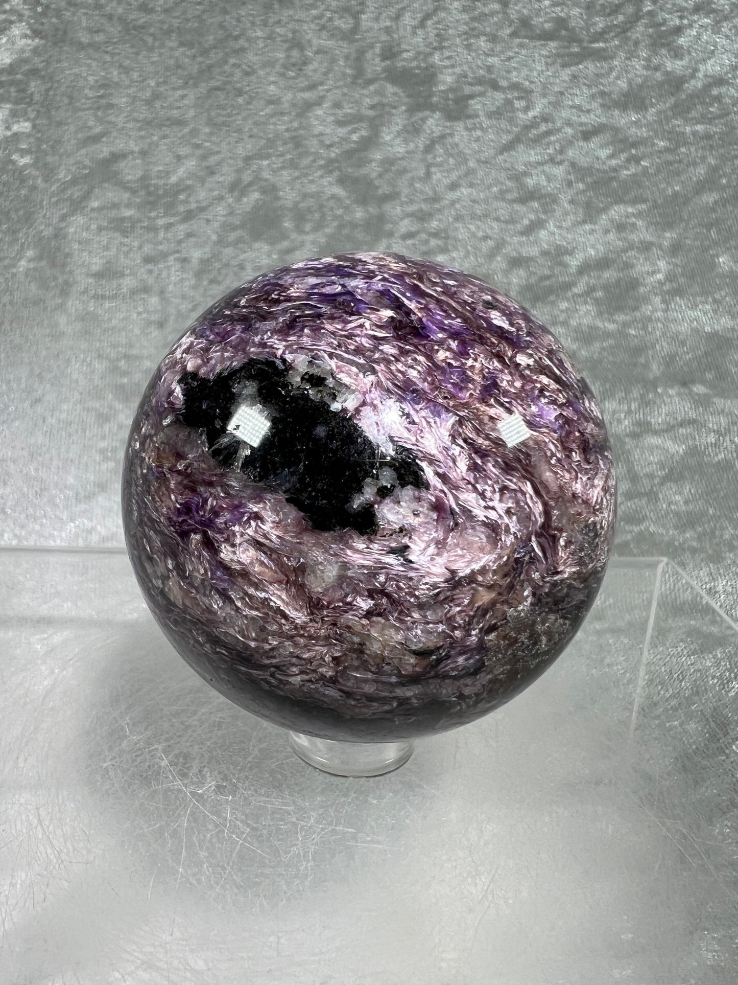 Charoite Crystal Sphere. Stunning Rare Crystal From Russia. Amazing Colors And A Beautiful UV Reaction.