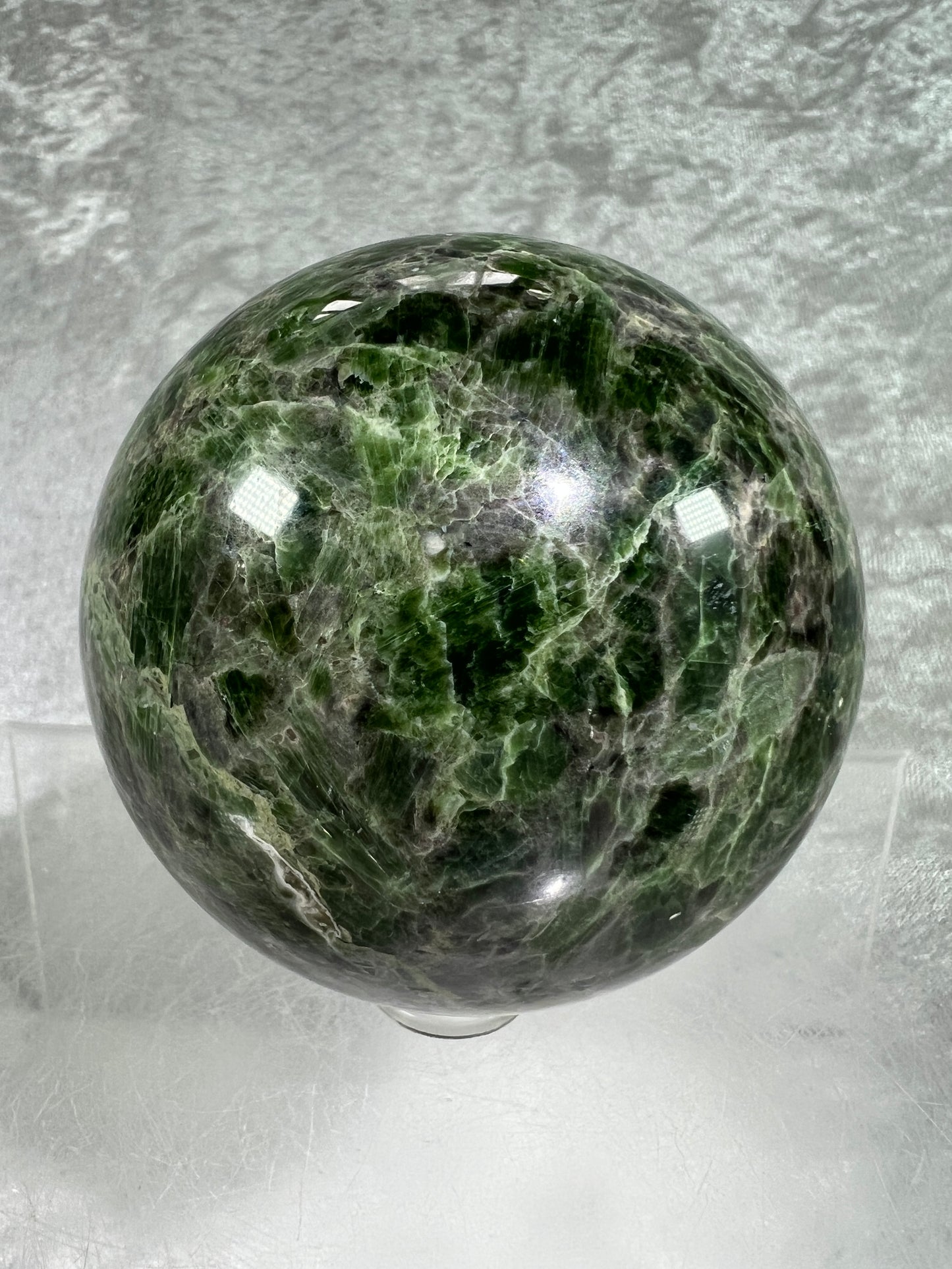 Diopside Crystal Sphere. 69mm. Very Rare And High Quality Display Sphere. Lots Of Beautiful Flash