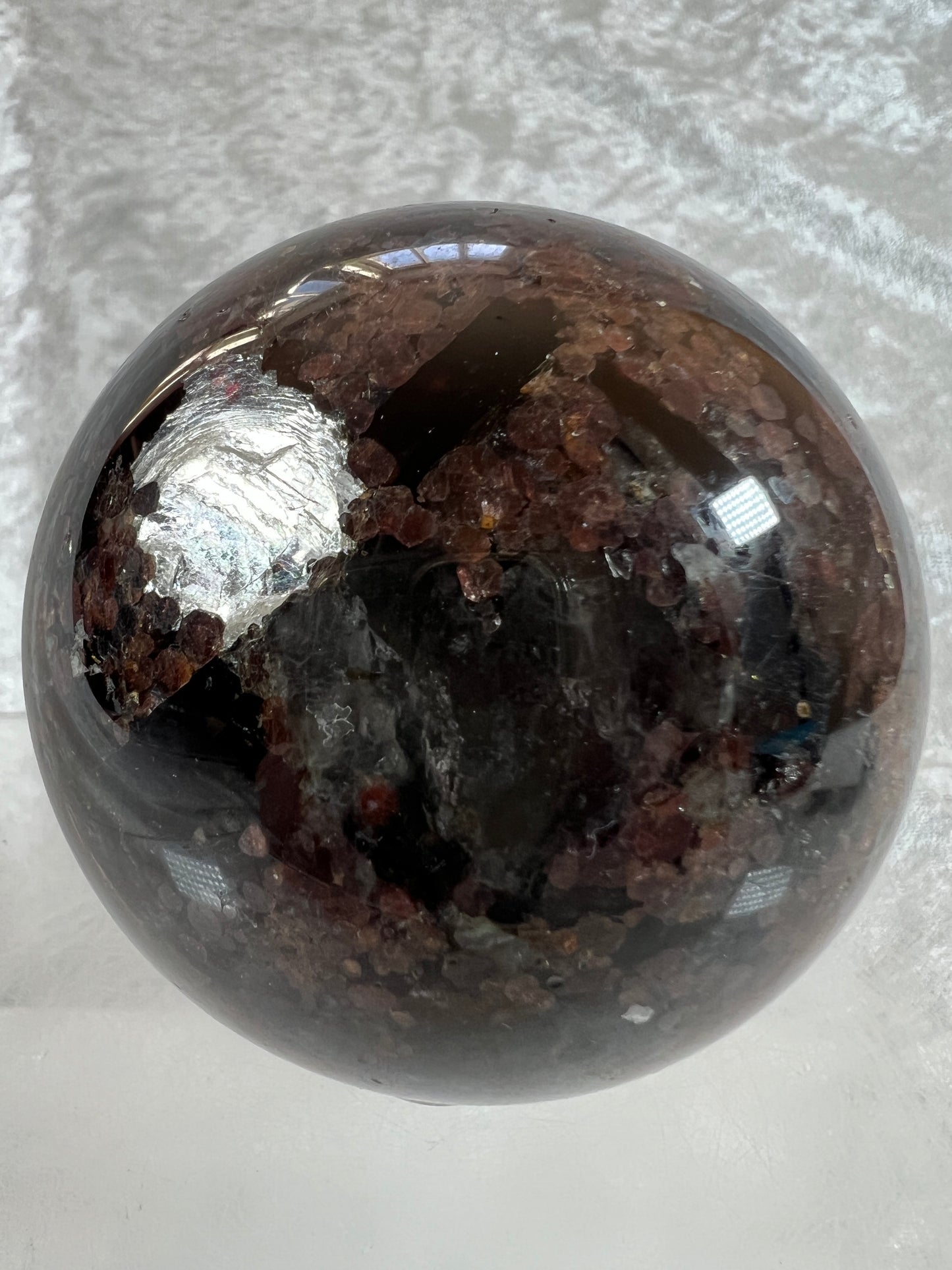 Garnet And Biotite Mica Sphere. 69mm. Stunning Garnet Display Sphere With Lots Of Mica Flash.