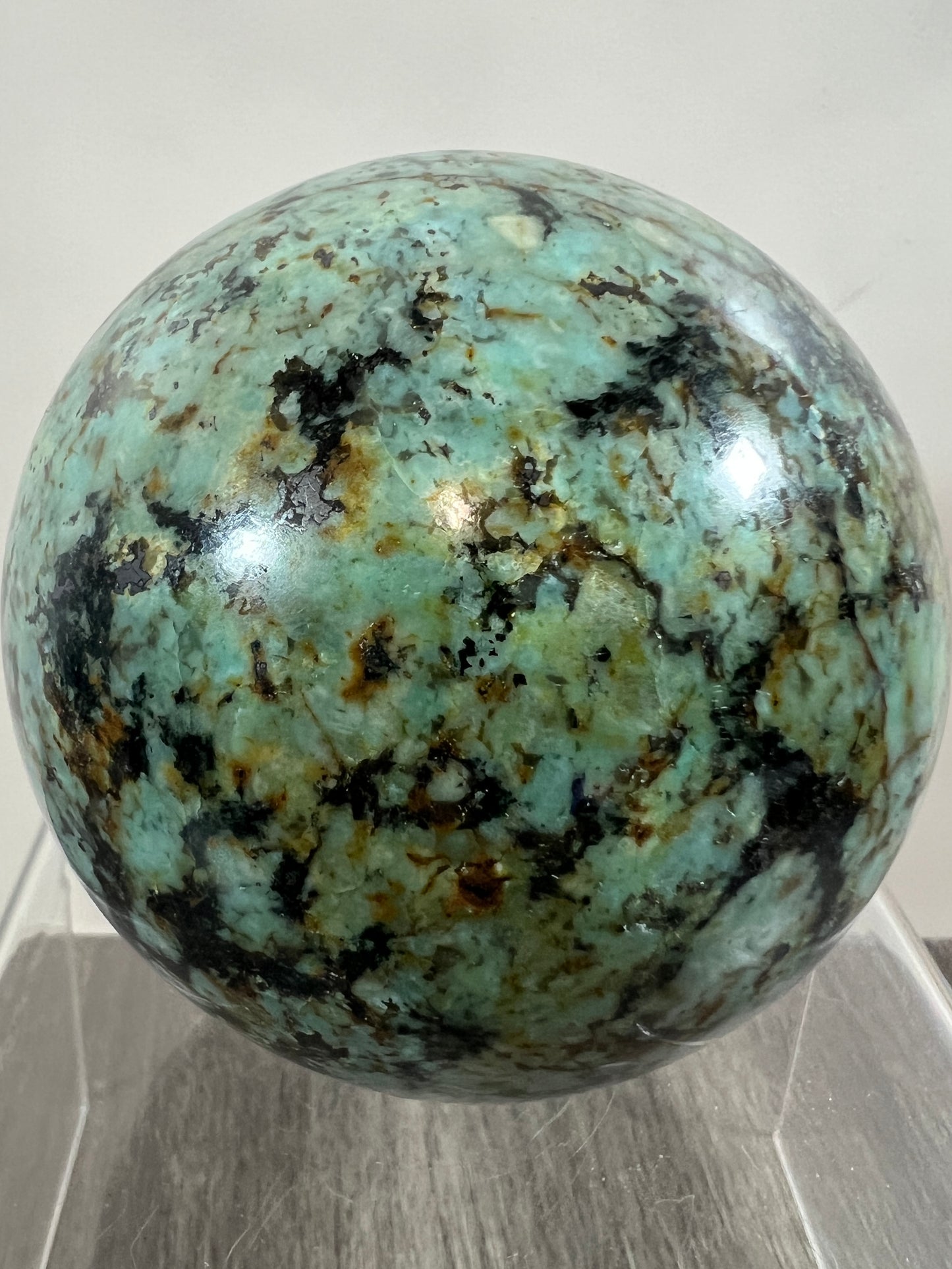 African Turquoise Crystal Sphere. 74mm. Incredible Chrysocolla From South Africa. Very Rare Display Sphere.