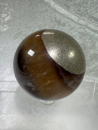 Fluorite And Pyrite Crystal Sphere. 68mm. Gorgeous Smoky Fluorite Display Sphere.