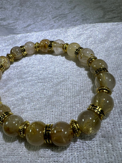 Rutile Quartz Crystal Bead Bracelet. Beautiful Rutilated Quartz Bracelet. 9.5mm. Two Different Styles Of Spacers.