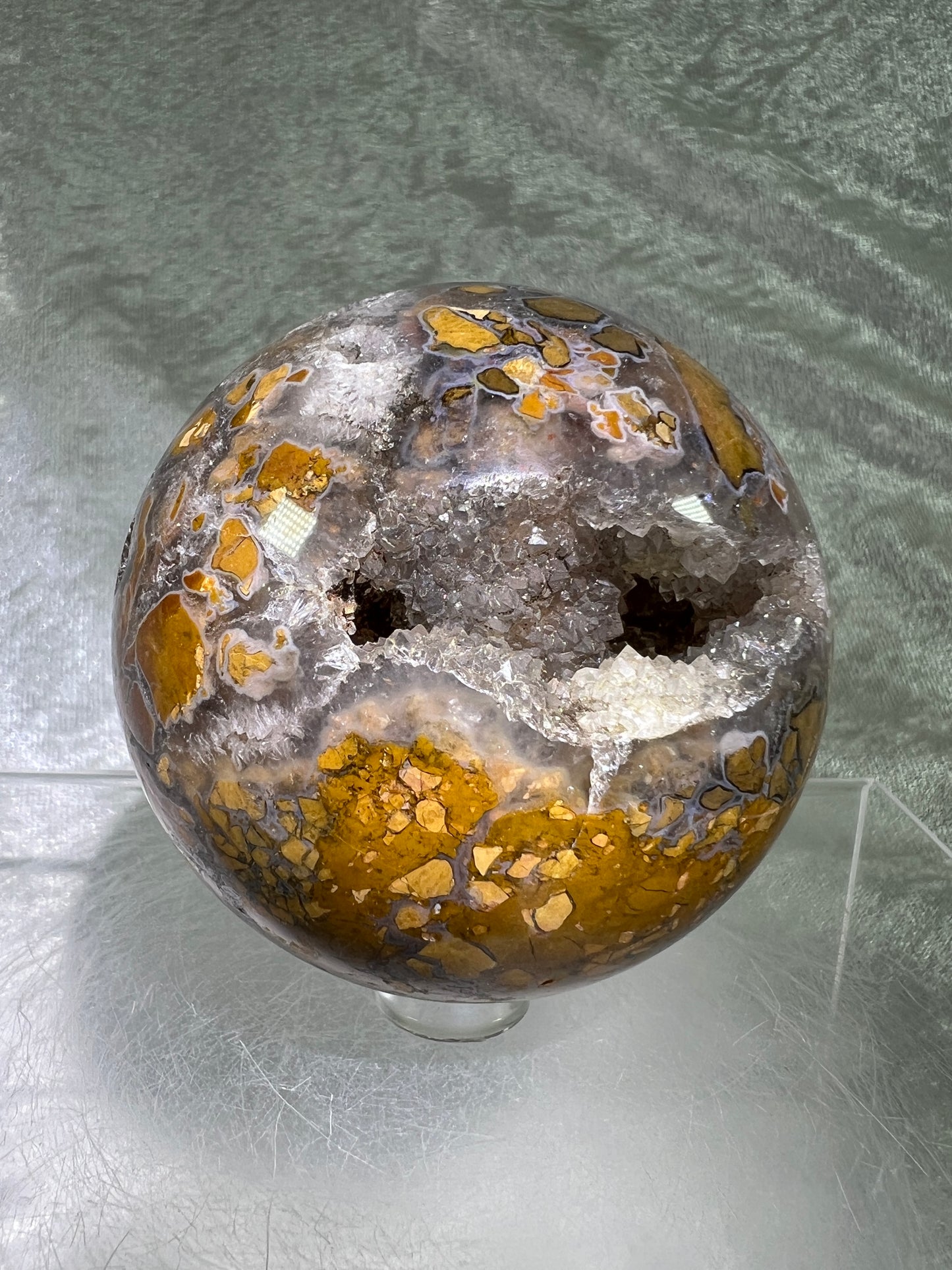 Indonesian East Java Plume Agate Sphere. 66mm. Stunning Sugar Druzy. Very Rare Beautiful Sphere.