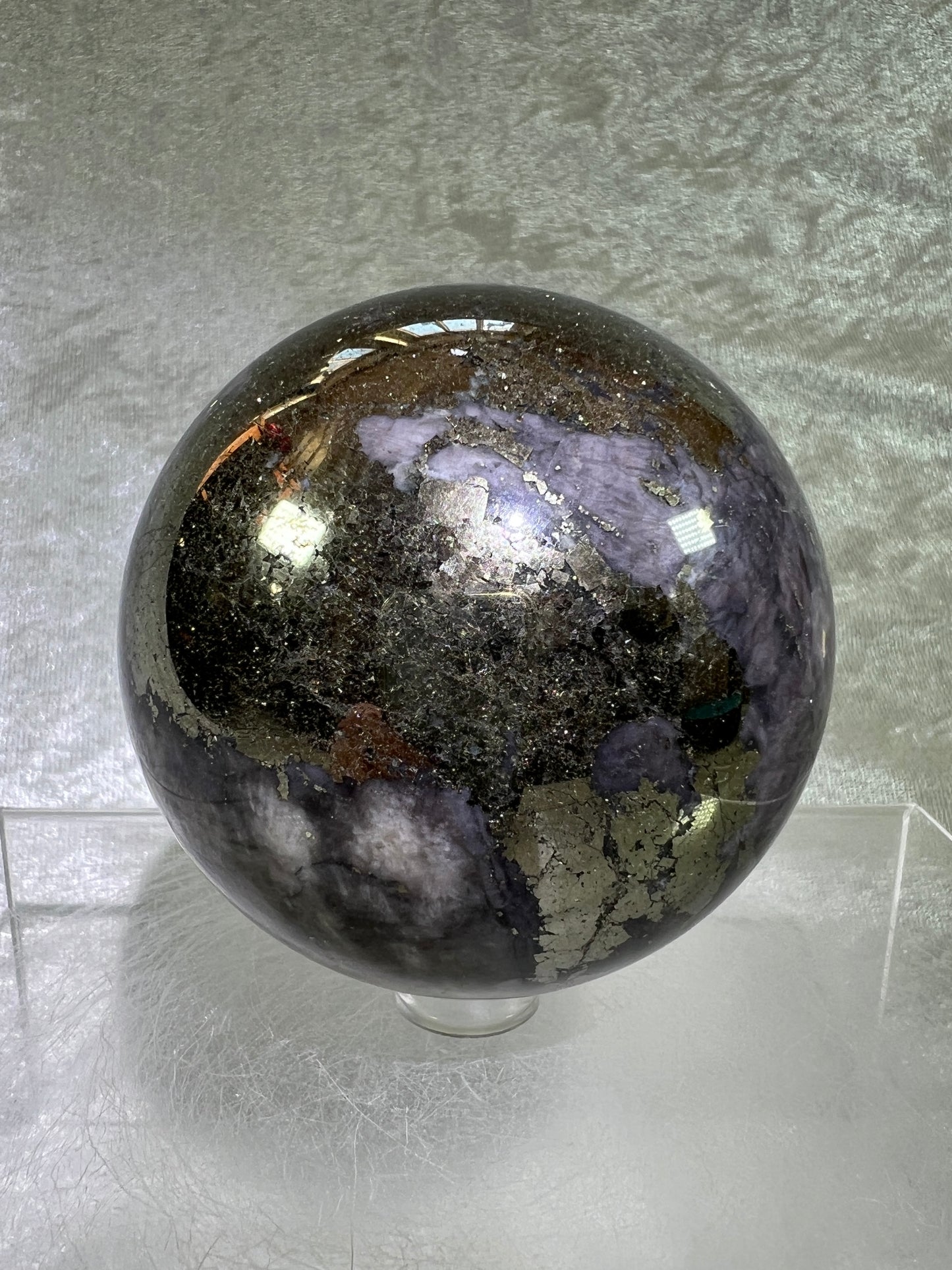 Pyrite And Purple Agate Sphere. 71mm. Gorgeous Large Sphere. Beautiful Color Combination.