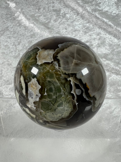 Volcano Agate With Mangano Calcite Sphere. 65mm. Stunning Green And Orange UV Reaction. Amazing High Quality Display Sphere.