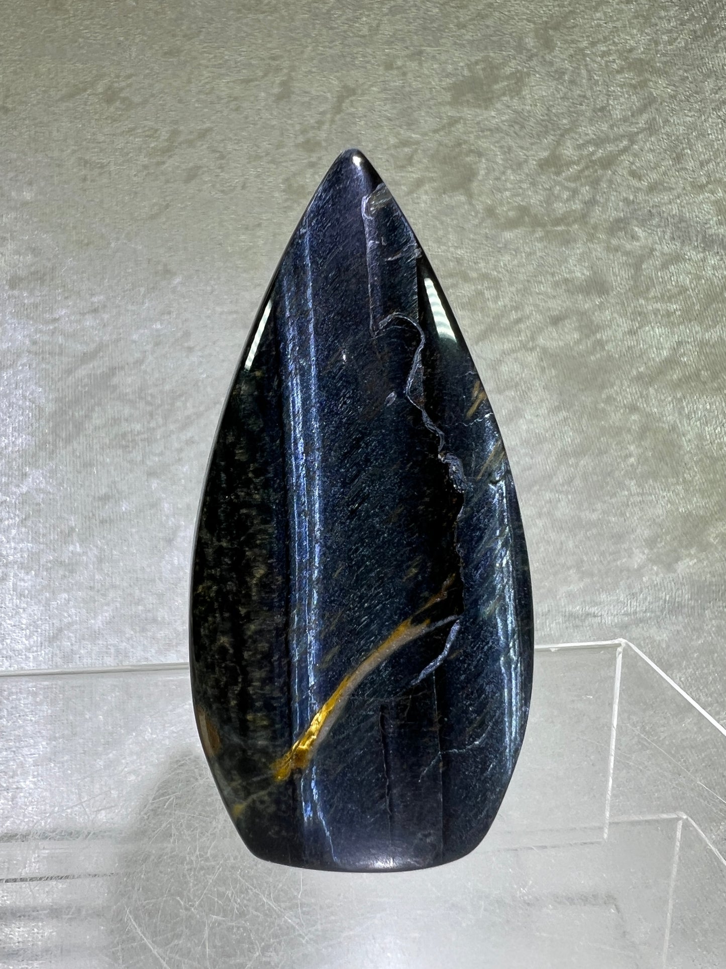 Blue Tigers Eye Crystal Flame. Gorgeous Hawks Eye Freeform Flame.