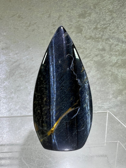 Blue Tigers Eye Crystal Flame. Gorgeous Hawks Eye Freeform Flame.