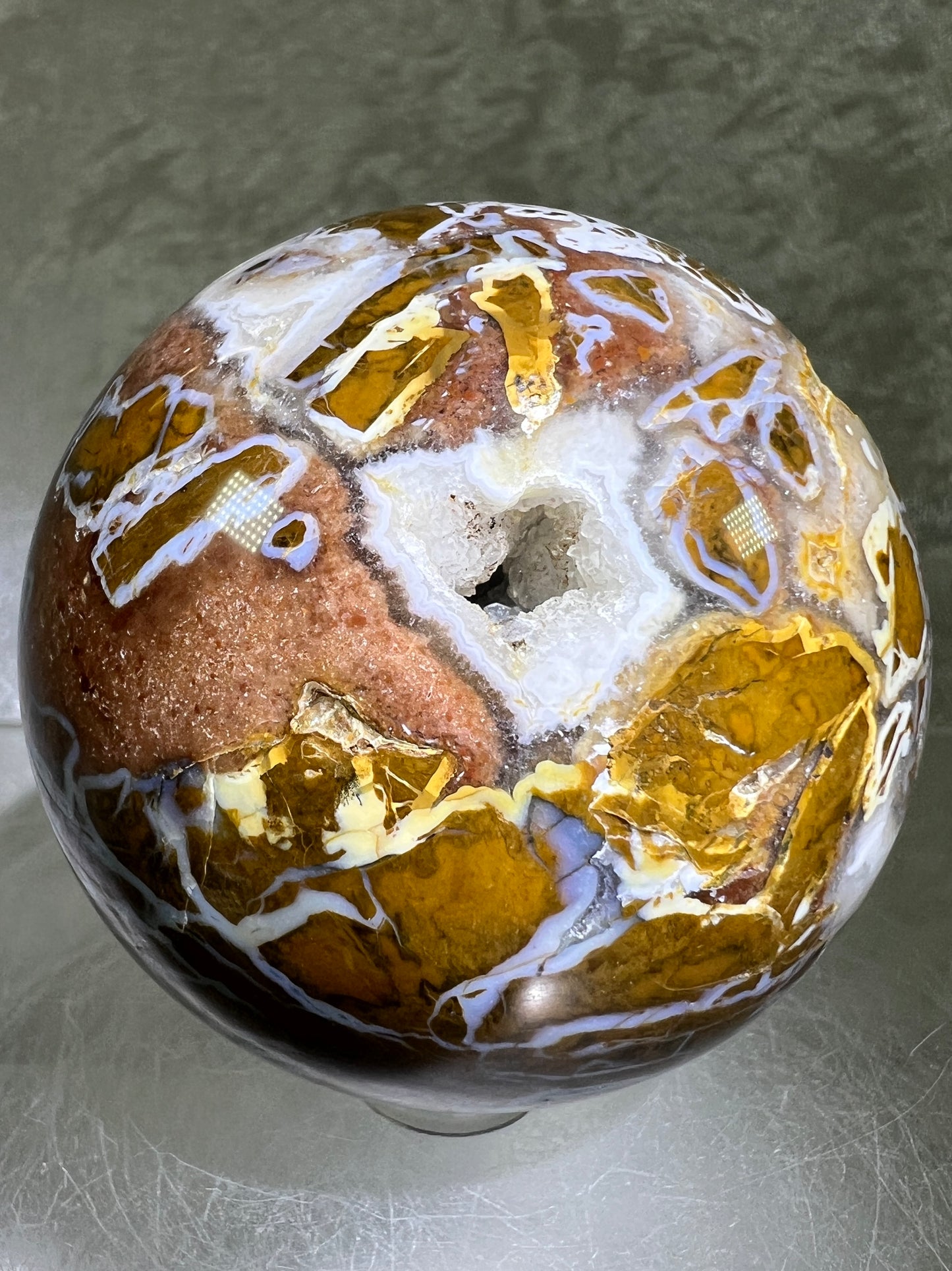 Indonesian East Java Plume Agate Sphere. 62mm. Very Rare Display Sphere. Amazing Druzy, Colors, And Patterns