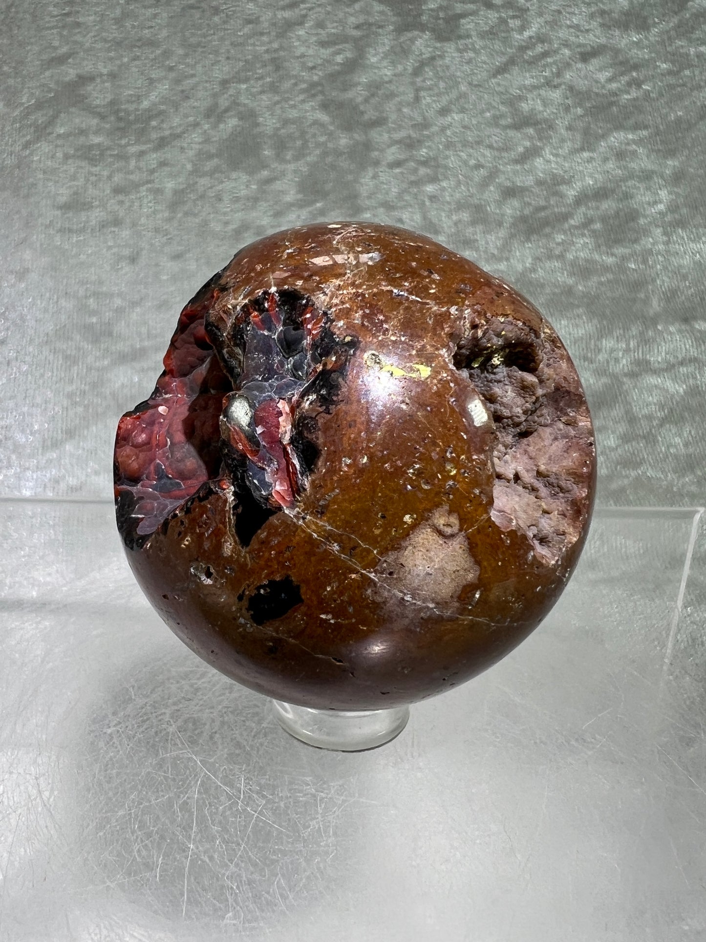 Red Fox Agate Sphere. Amazing Druzy Crater Agate From Argentina. Incredible Botryoidal Nodules