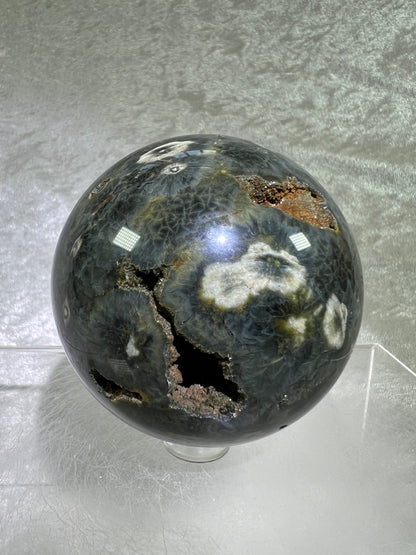 Ocean Jasper Sphere. 69mm. Crazy Green Druzy. Stunning And Unique Display Sphere.