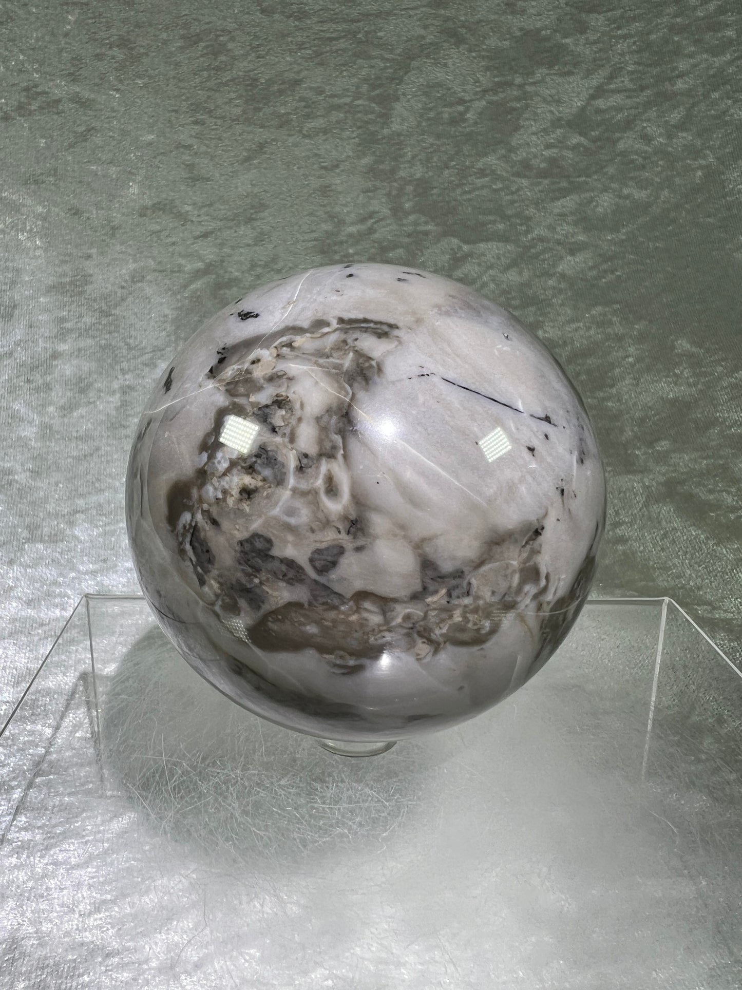 Volcano Agate With Mangano Calcite Sphere. 78mm. Rare Sphere With Intense UV Reaction.