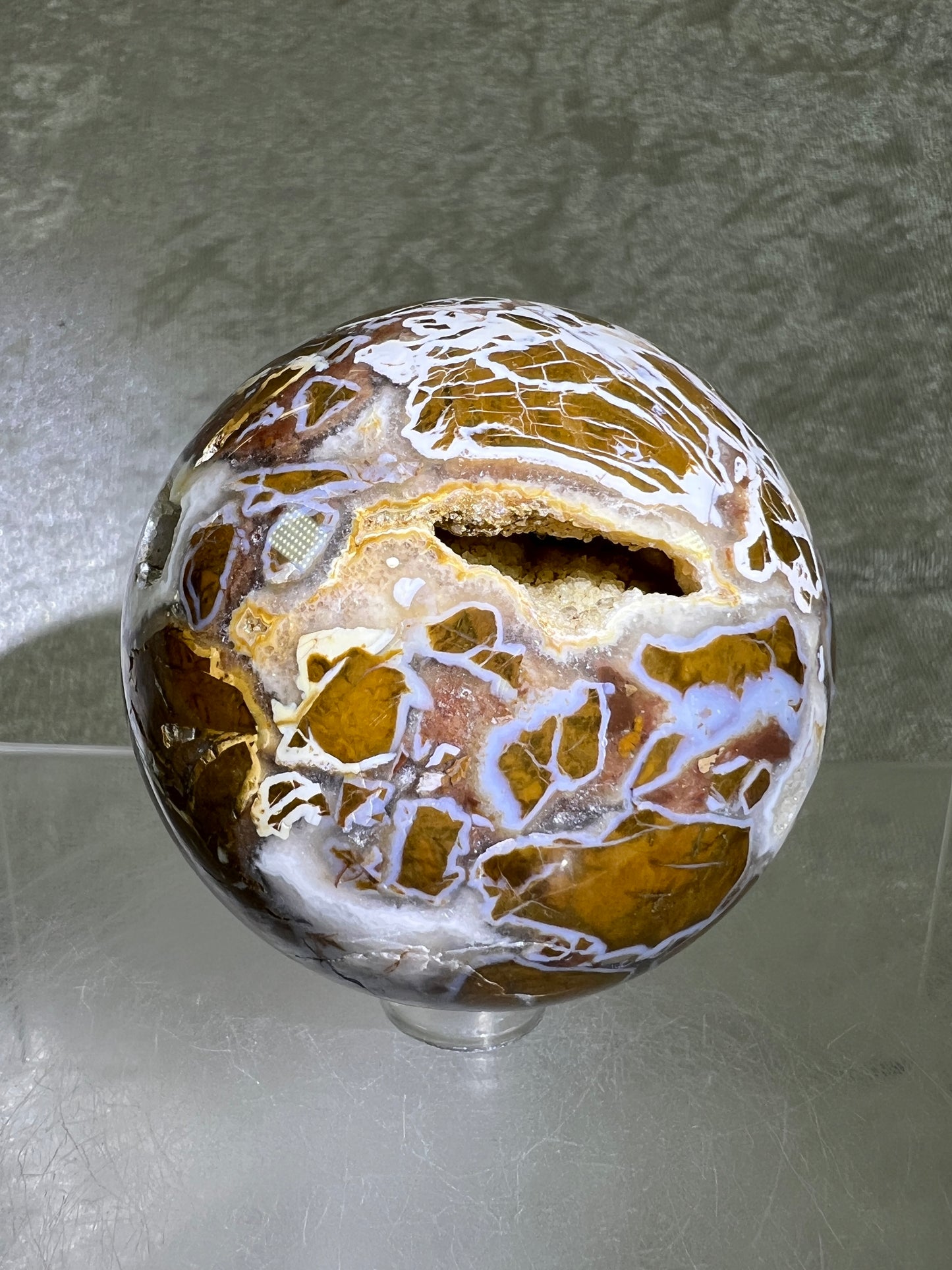 Indonesian East Java Plume Agate Sphere. 62mm. Very Rare Display Sphere. Amazing Druzy, Colors, And Patterns