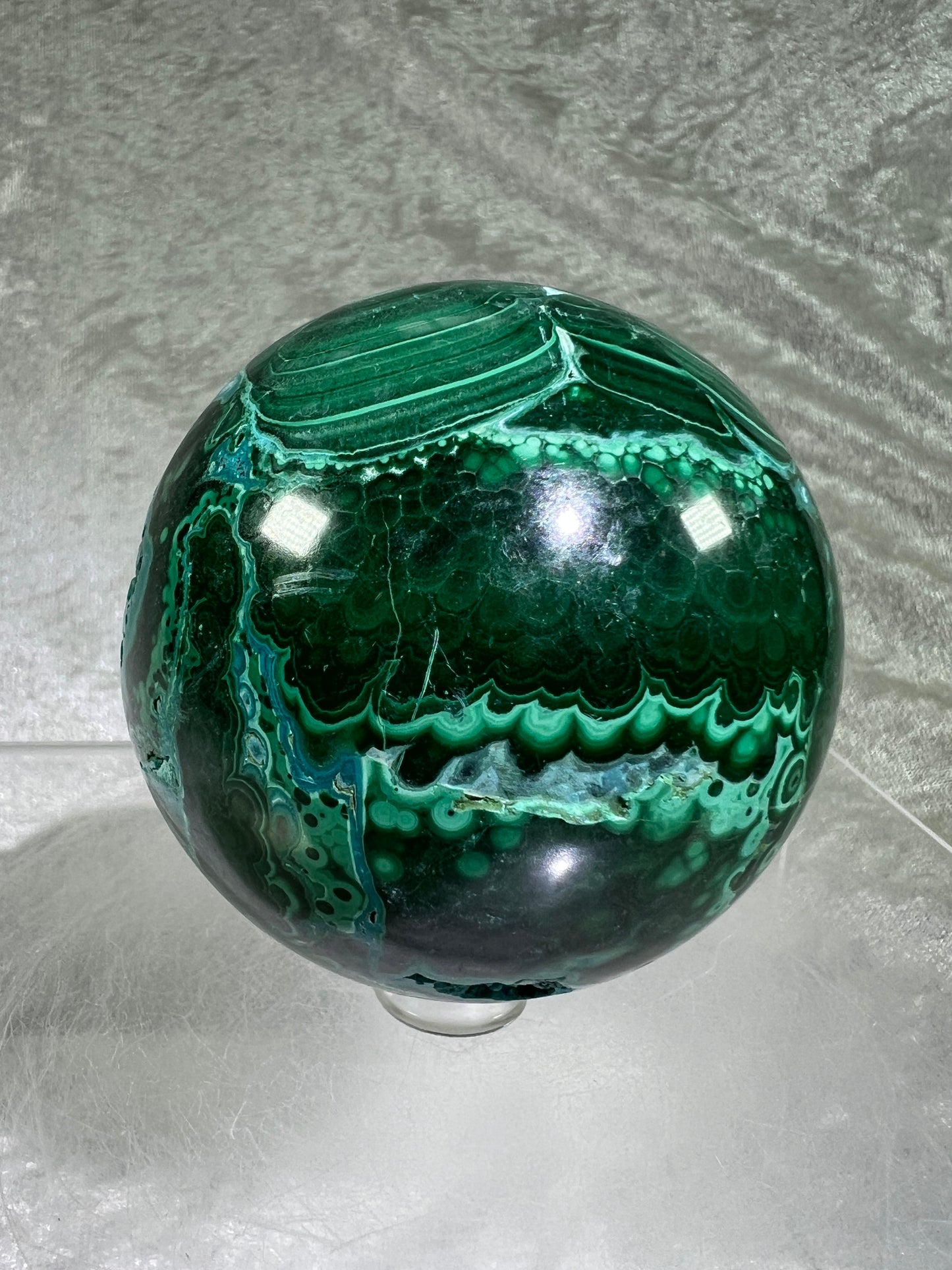 Malachite And Druzy Chrysocolla Sphere. 69mm. Gorgeous Rare Collectors Piece. Amazing Patterns With Vibrant Colors.