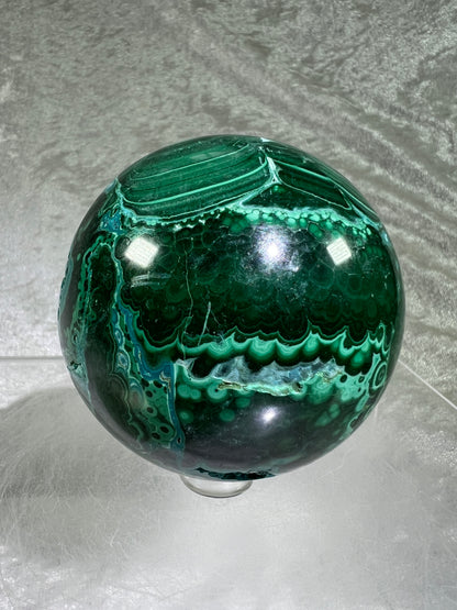 Malachite And Druzy Chrysocolla Sphere. 69mm. Gorgeous Rare Collectors Piece. Amazing Patterns With Vibrant Colors.