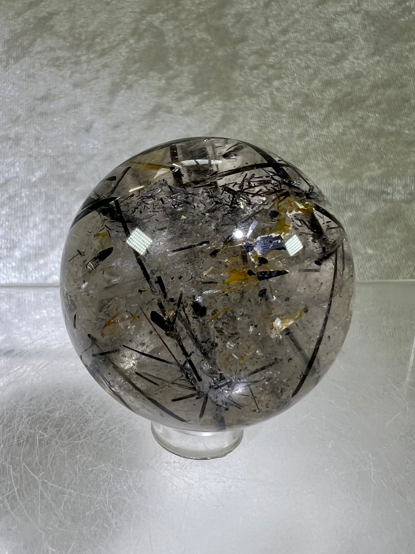 Black Tourmaline Quartz Sphere. Incredible Black Rutile Sphere. Tourmalinated Quartz Display Crystal