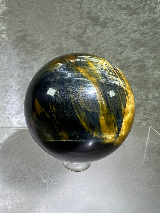 Blue Tigers Eye Sphere. Rare Blue And Gold Hawks Eye Crystal. Beautiful Colors And Flash