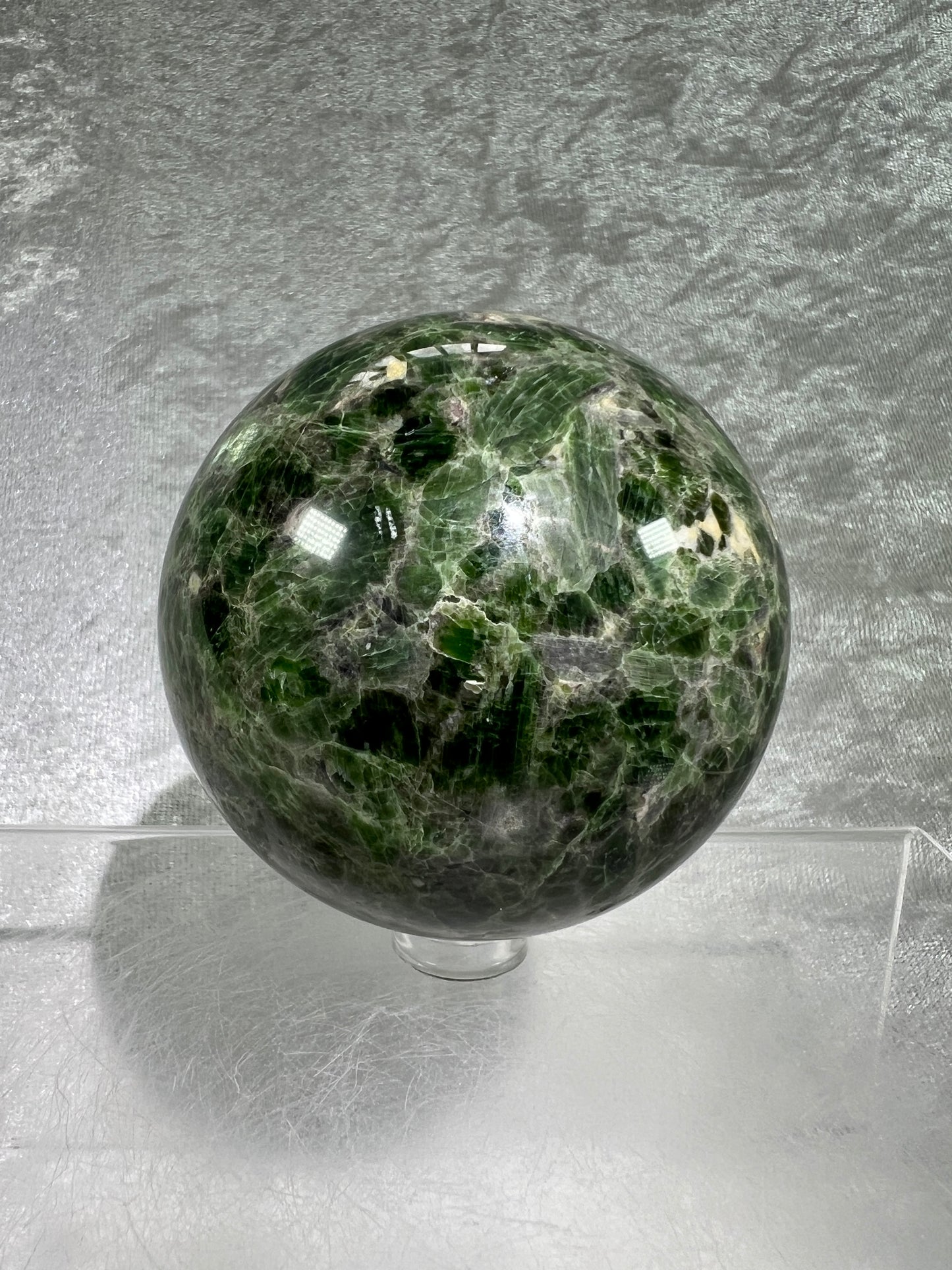 Diopside Crystal Sphere. 69mm. Very Rare And High Quality Display Sphere. Lots Of Beautiful Flash