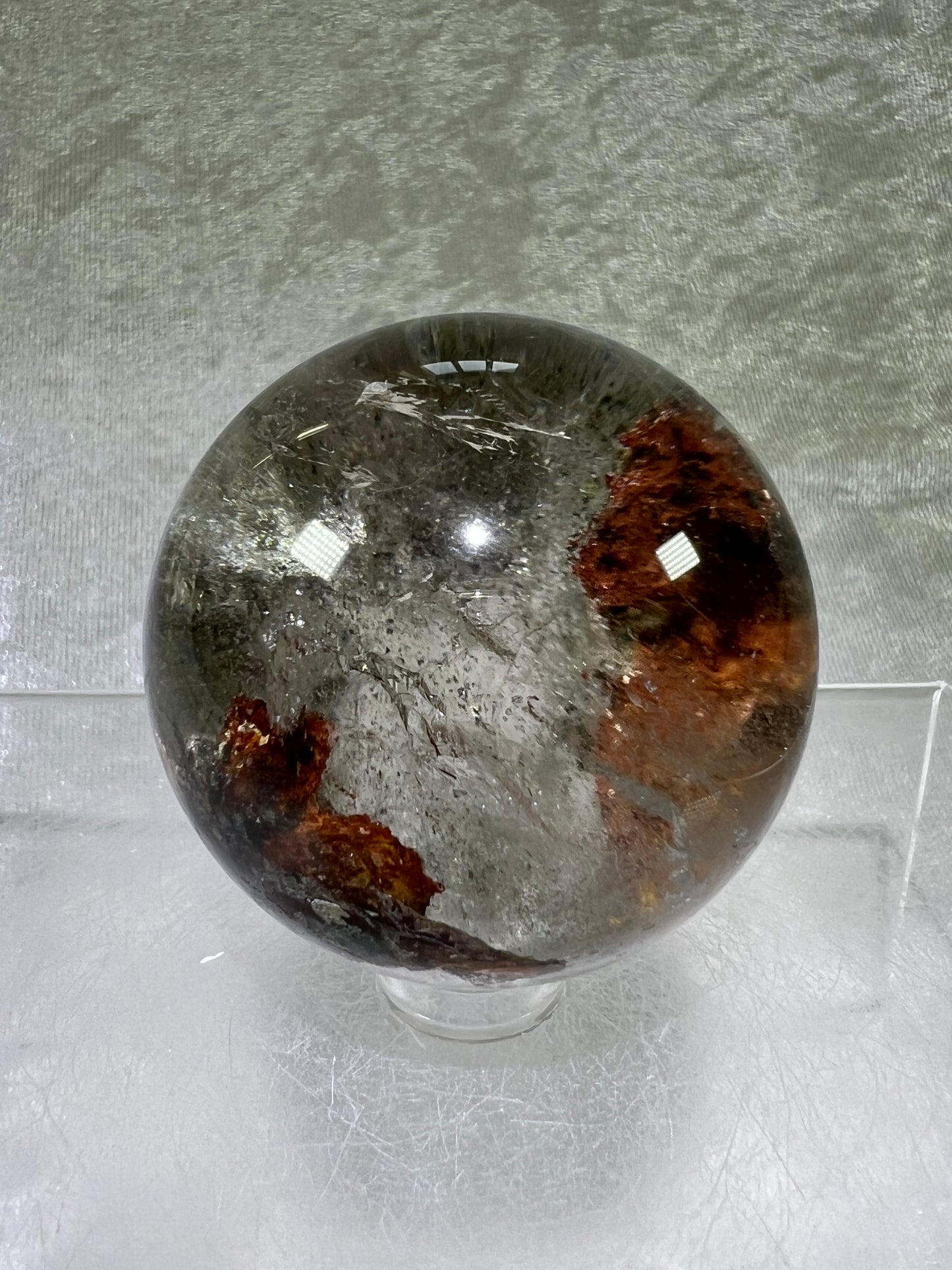 Garden Quartz Lodolite Sphere. 51mm. Stunning High Quality Orange And Green Landscape.