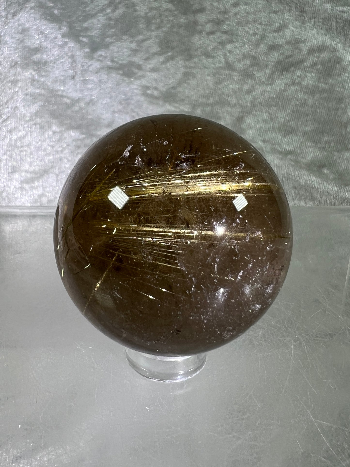 Rutile Quartz Sphere. Amazing Smoky Quartz With Stunning Golden Rutile Inclusions.