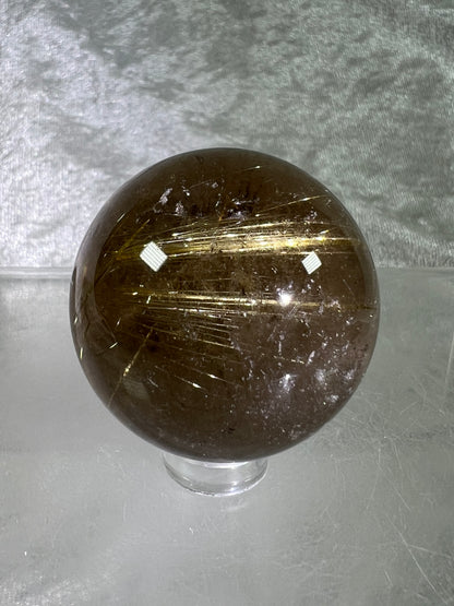 Rutile Quartz Sphere. Amazing Smoky Quartz With Stunning Golden Rutile Inclusions.